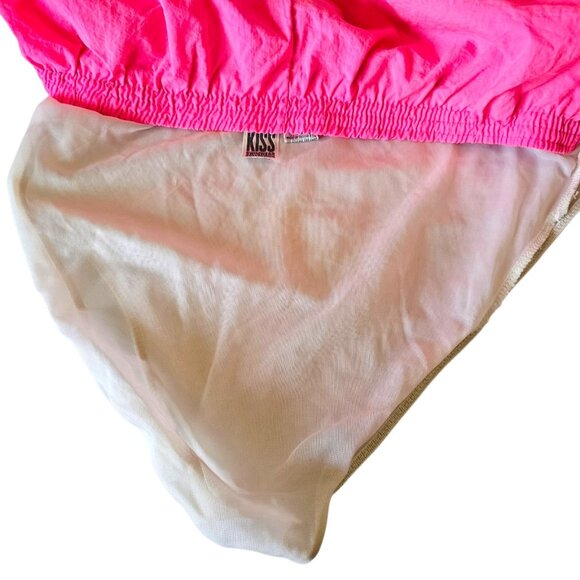 80s Mens Neon Pink Swim Trunks REALLY SHORT Liner Stretched Sz L 36 to 41" Waist - Picture 5 of 8